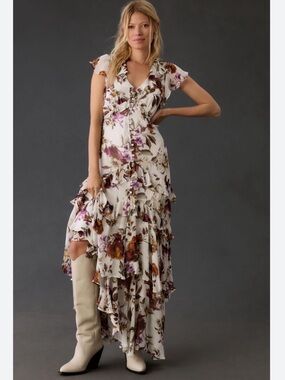 By Anthropologie 24W Plus Size V-Neck Tiered Ruffle Maxi Dress
